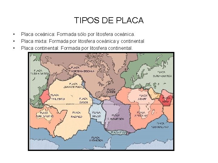 TIPOS DE PLACA • • • Placa oceánica: Formada sólo por litosfera oceánica. Placa