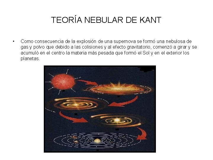 TEORÍA NEBULAR DE KANT • Como consecuencia de la explosión de una supernova se