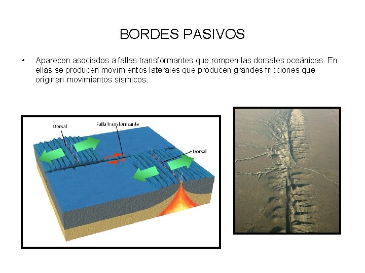 BORDES PASIVOS • Aparecen asociados a fallas transformantes que rompen las dorsales oceánicas. En
