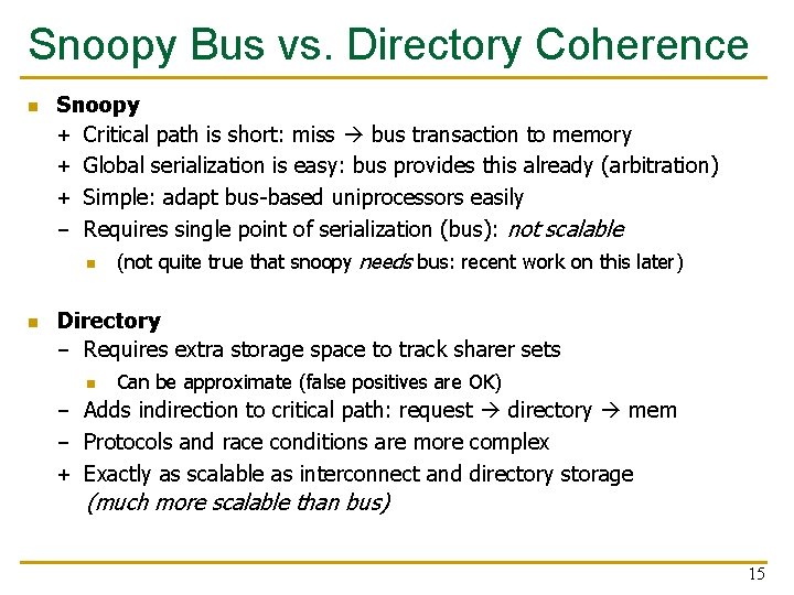 Snoopy Bus vs. Directory Coherence n n Snoopy + Critical path is short: miss