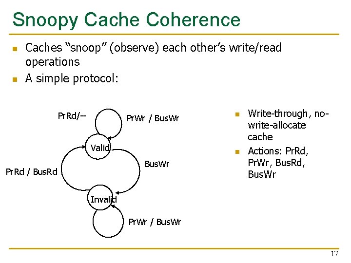 Snoopy Cache Coherence n n Caches “snoop” (observe) each other’s write/read operations A simple