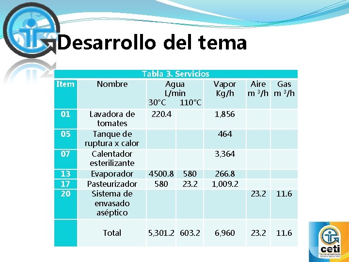 Desarrollo del tema Item 01 05 07 13 17 20 Tabla 3. Servicios Nombre