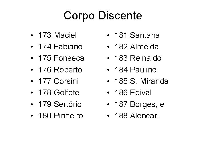 Corpo Discente • • 173 Maciel 174 Fabiano 175 Fonseca 176 Roberto 177 Corsini