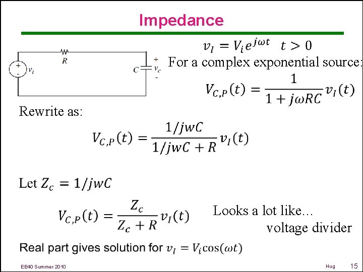 Impedance For a complex exponential source: Rewrite as: Looks a lot like… voltage divider