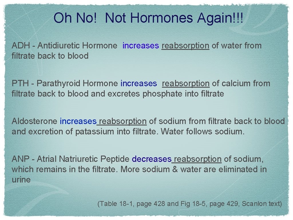 Oh No! Not Hormones Again!!! ADH - Antidiuretic Hormone increases reabsorption of water from