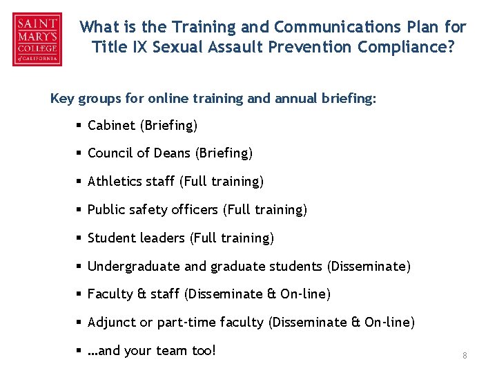 What is the Training and Communications Plan for Title IX Sexual Assault Prevention Compliance?