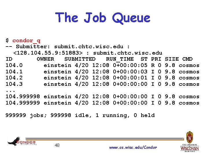 The Job Queue $ condor_q -- Submitter: submit. chtc. wisc. edu : <128. 104.