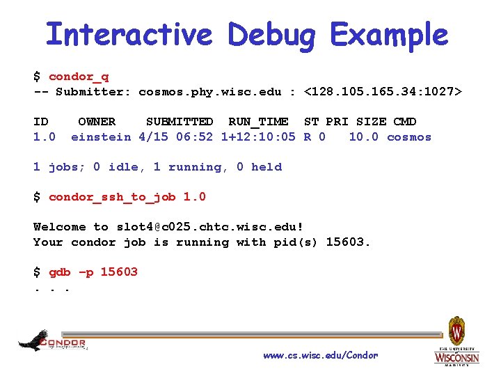 Interactive Debug Example $ condor_q -- Submitter: cosmos. phy. wisc. edu : <128. 105.