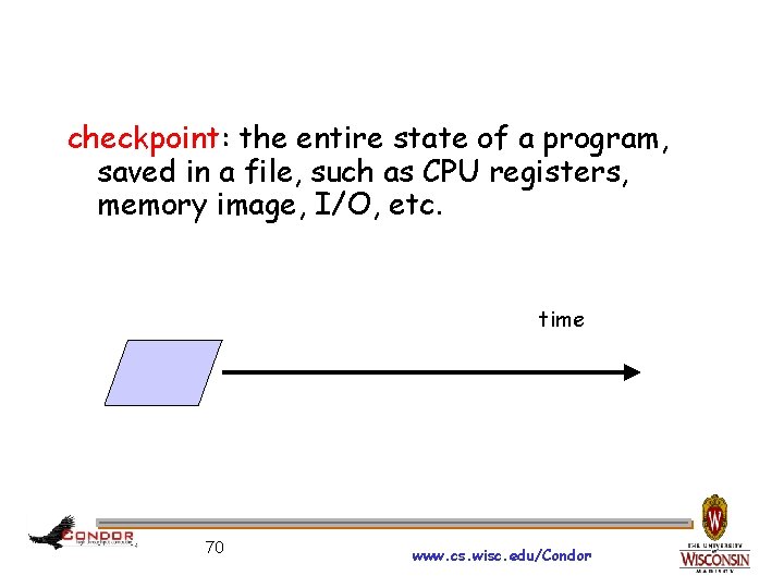 checkpoint: the entire state of a program, saved in a file, such as CPU