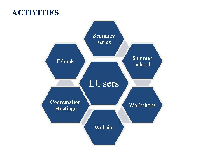 ACTIVITIES Seminars series Summer school E-book EUsers Coordination Meetings Workshops Website 