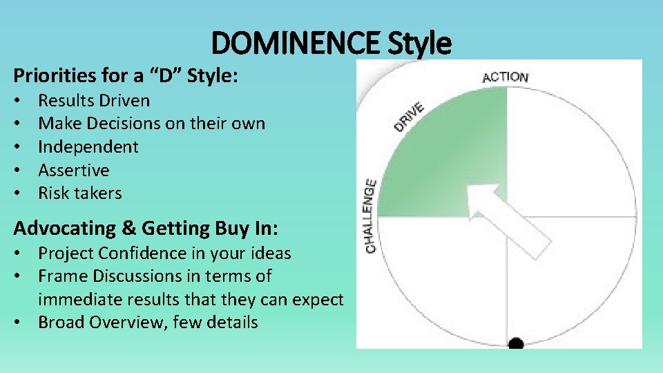 DOMINENCE Style Priorities for a “D” Style: • • • Results Driven Make Decisions