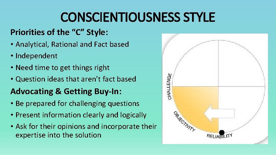 CONSCIENTIOUSNESS STYLE Priorities of the “C” Style: • Analytical, Rational and Fact based •