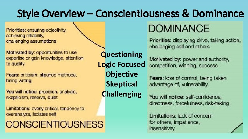 Style Overview – Conscientiousness & Dominance Questioning Logic Focused Objective Skeptical Challenging 