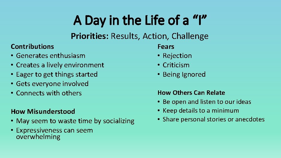 A Day in the Life of a “I” Priorities: Results, Action, Challenge Contributions •