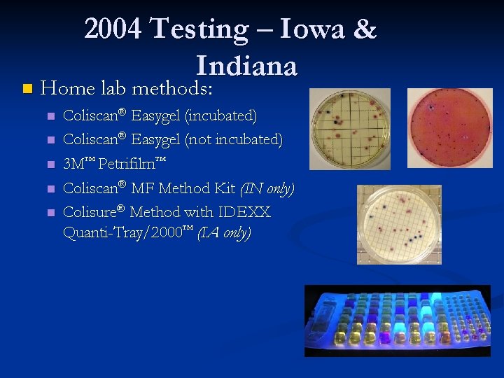n 2004 Testing – Iowa & Indiana Home lab methods: n n n Coliscan®