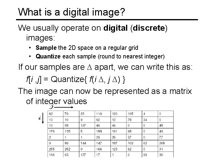 What is a digital image? We usually operate on digital (discrete) images: • Sample