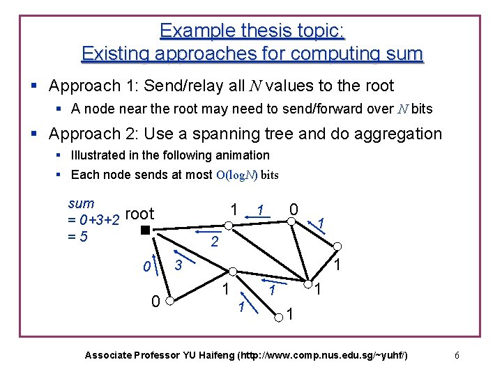 Example thesis topic: Existing approaches for computing sum § Approach 1: Send/relay all N