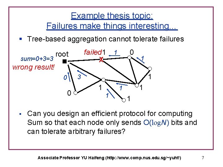 Example thesis topic: Failures make things interesting… § Tree-based aggregation cannot tolerate failures sum=0+3=3
