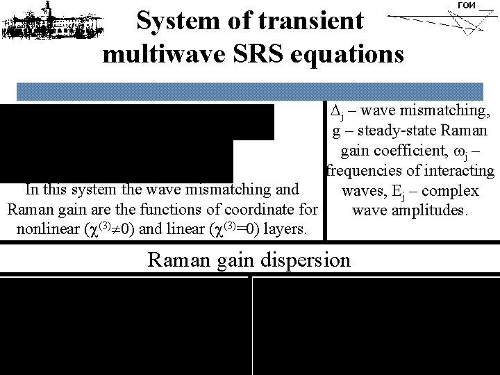 System of transient multiwave SRS equations j – wave mismatching, g – steady-state Raman