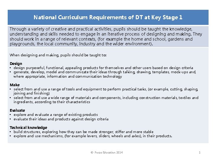 National Curriculum Requirements of DT at Key Stage 1 Through a variety of creative
