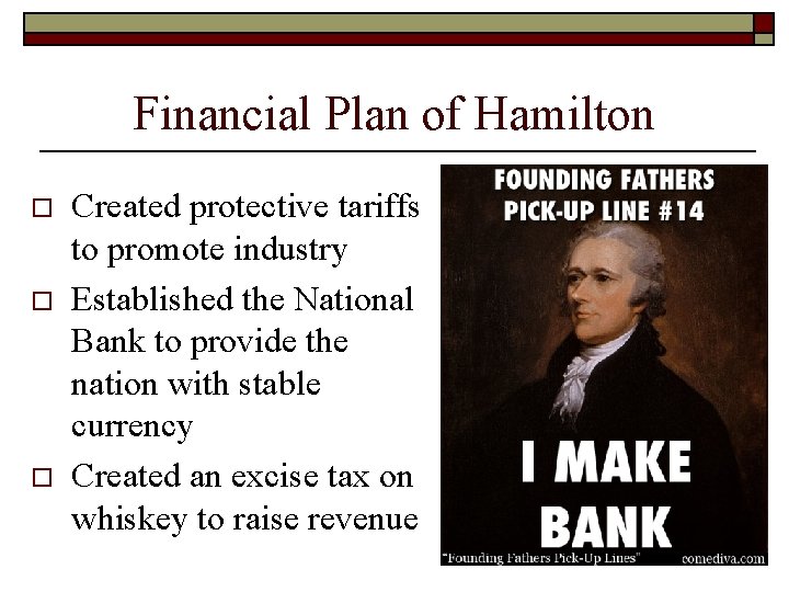 Financial Plan of Hamilton o o o Created protective tariffs to promote industry Established Financial Plan of Hamilton o o o Created protective tariffs to promote industry Established