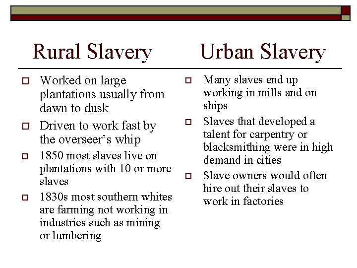 Rural Slavery o o Worked on large plantations usually from dawn to dusk Driven Rural Slavery o o Worked on large plantations usually from dawn to dusk Driven