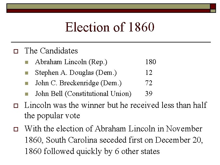 Election of 1860 o The Candidates n n Abraham Lincoln (Rep. ) Stephen A. Election of 1860 o The Candidates n n Abraham Lincoln (Rep. ) Stephen A.