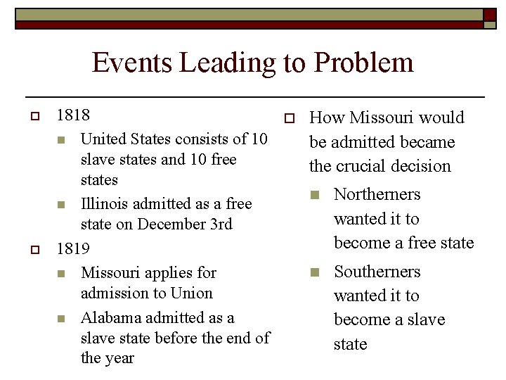 Events Leading to Problem o o 1818 n United States consists of 10 slave Events Leading to Problem o o 1818 n United States consists of 10 slave