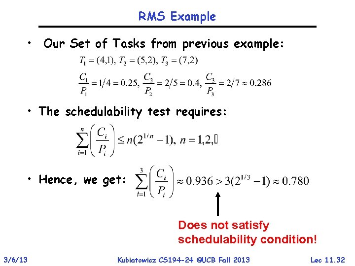 RMS Example • Our Set of Tasks from previous example: • The schedulability test