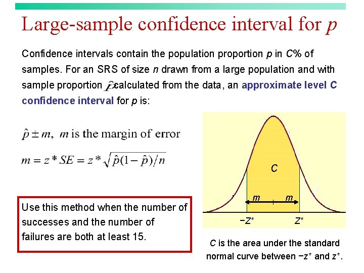 Large-sample confidence interval for p Confidence intervals contain the population proportion p in C%