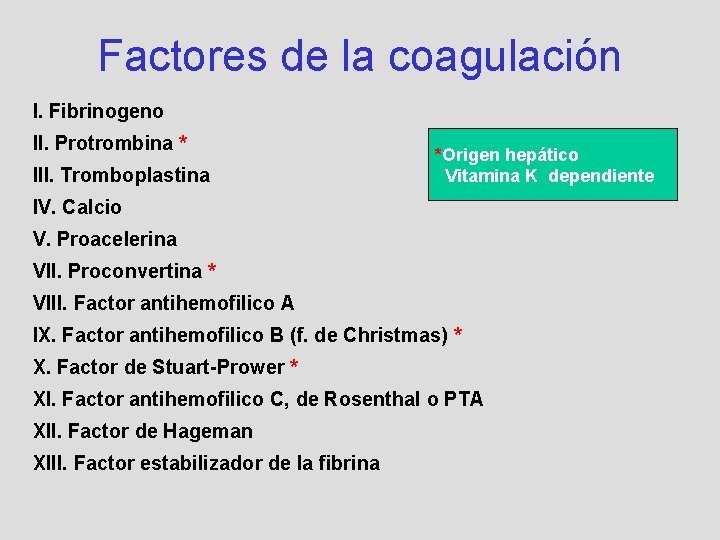 Factores de la coagulación I. Fibrinogeno II. Protrombina * III. Tromboplastina *Origen hepático Vitamina