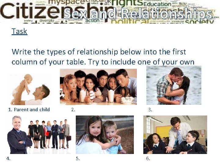 Sex and Relationships Ground Relationships Rules Task Write the types of relationship below into Sex and Relationships Ground Relationships Rules Task Write the types of relationship below into