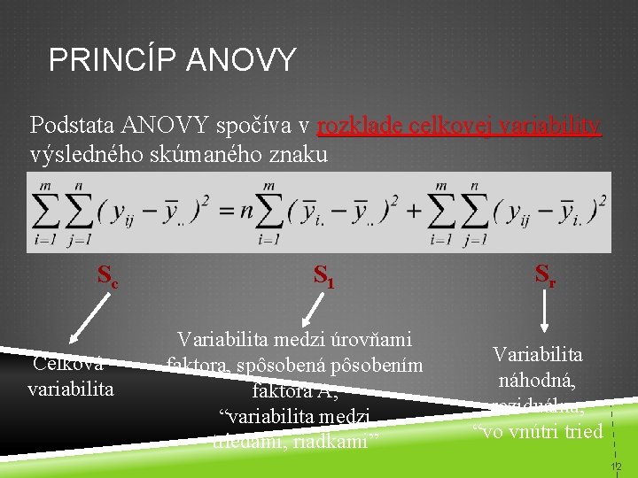 PRINCÍP ANOVY Podstata ANOVY spočíva v rozklade celkovej variability výsledného skúmaného znaku Sc Celková