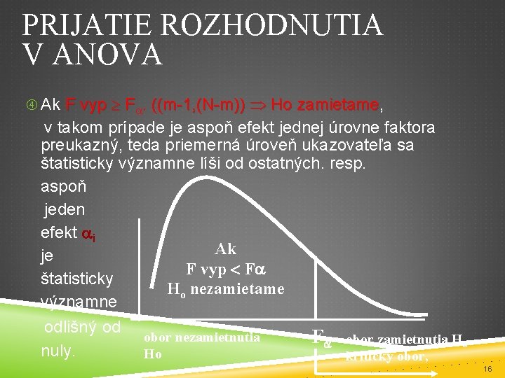 PRIJATIE ROZHODNUTIA V ANOVA Ak F vyp F. ((m-1, (N-m)) Ho zamietame, zamietame v