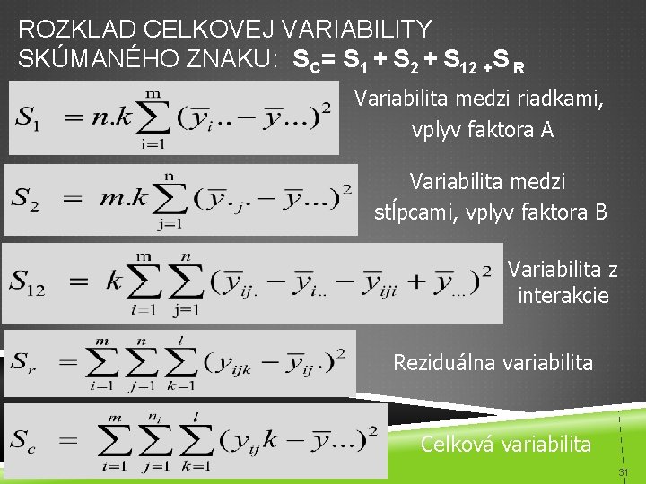 ROZKLAD CELKOVEJ VARIABILITY SKÚMANÉHO ZNAKU: SC= S 1 + S 2 + S 12