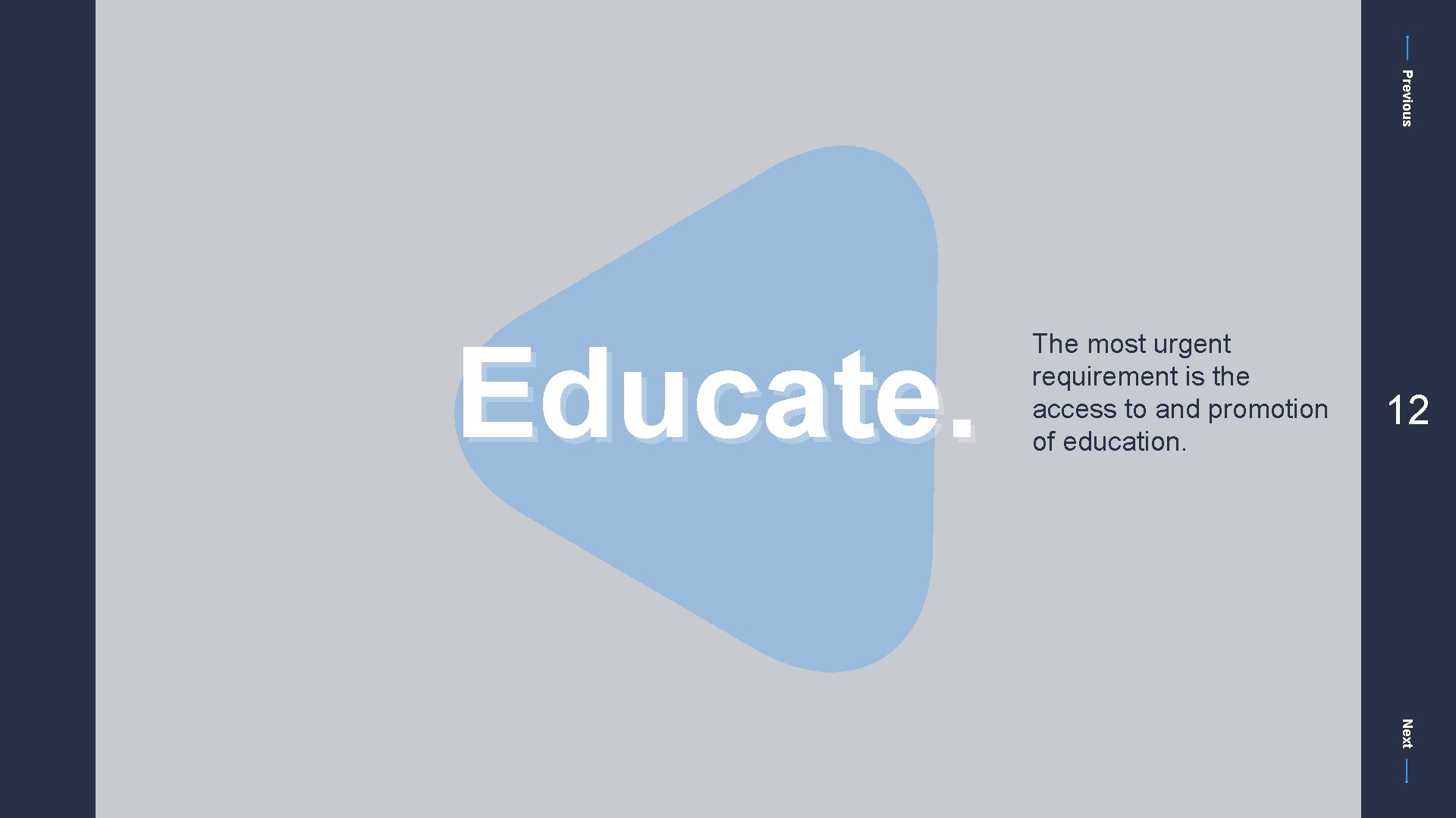 Previous Educate. The most urgent requirement is the access to and promotion of education.