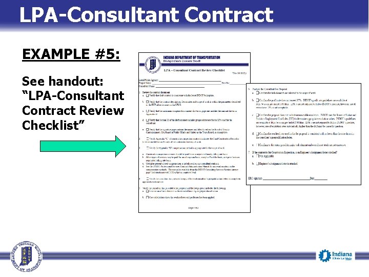 LPA-Consultant Contract EXAMPLE #5: See handout: “LPA-Consultant Contract Review Checklist” 