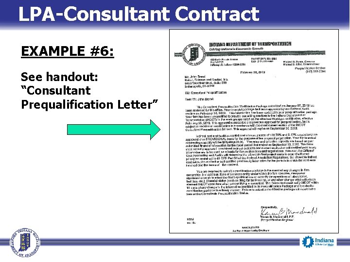 LPA-Consultant Contract EXAMPLE #6: See handout: “Consultant Prequalification Letter” 