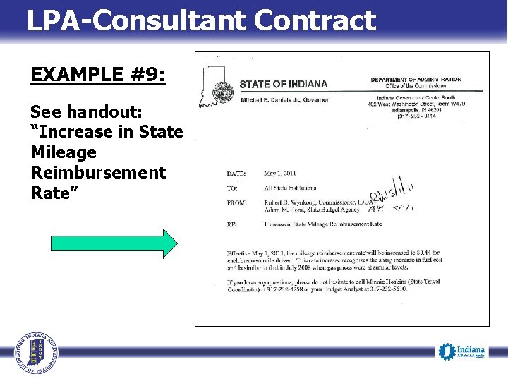 LPA-Consultant Contract EXAMPLE #9: See handout: “Increase in State Mileage Reimbursement Rate” 