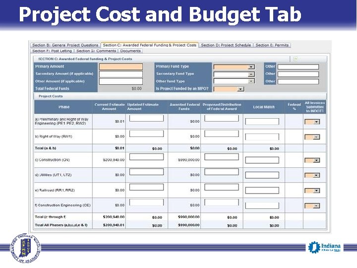 Project Cost and Budget Tab 