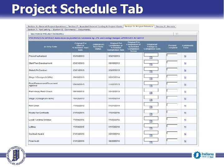 Project Schedule Tab 