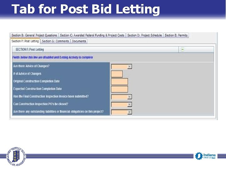 Tab for Post Bid Letting 