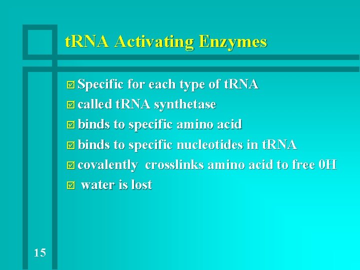 t. RNA Activating Enzymes þ Specific for each type of t. RNA þ called t. RNA Activating Enzymes þ Specific for each type of t. RNA þ called