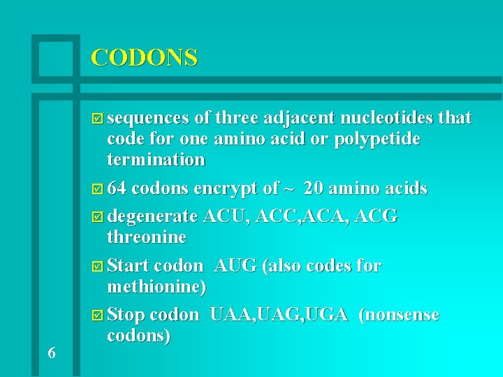 CODONS þ sequences of three adjacent nucleotides that 6 code for one amino acid CODONS þ sequences of three adjacent nucleotides that 6 code for one amino acid