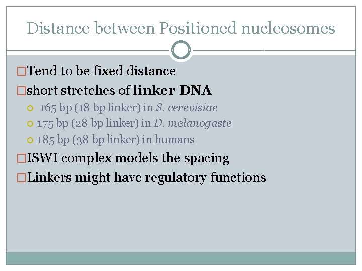 Distance between Positioned nucleosomes �Tend to be fixed distance �short stretches of linker DNA