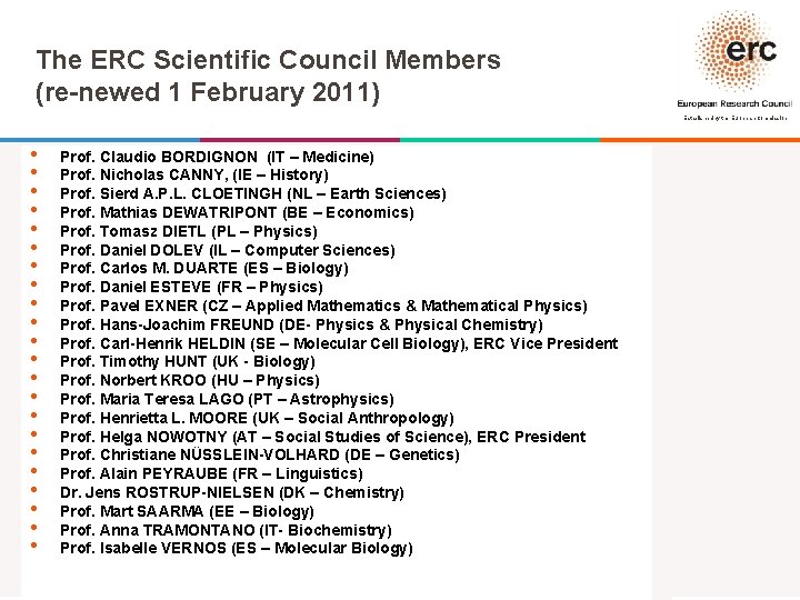 The ERC Scientific Council Members (re-newed 1 February 2011) Established by the European Commission