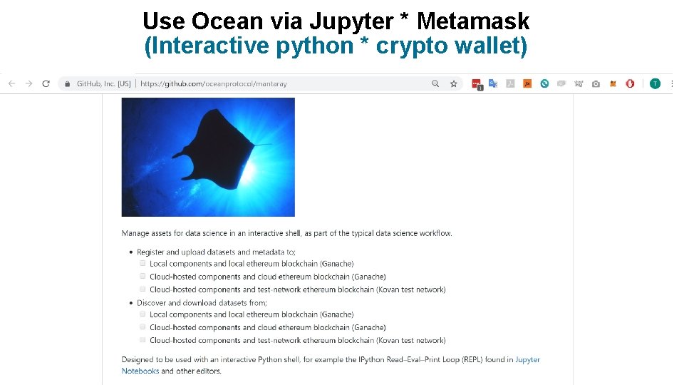 Use Ocean via Jupyter * Metamask (Interactive python * crypto wallet) 