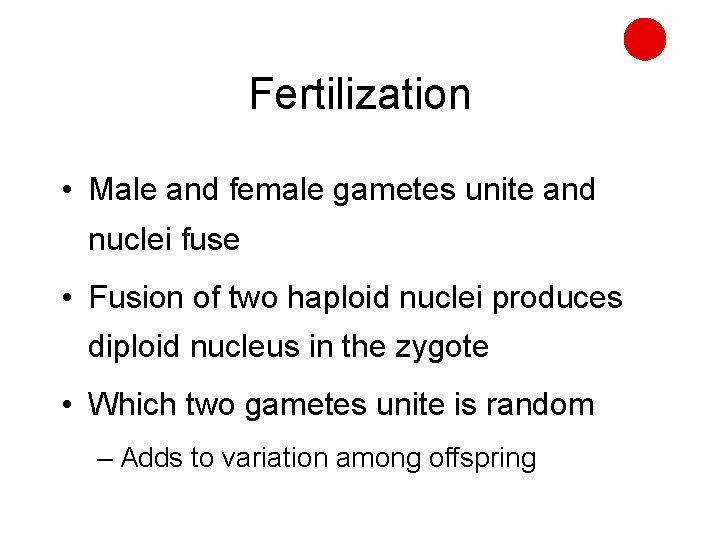 Fertilization • Male and female gametes unite and nuclei fuse • Fusion of two