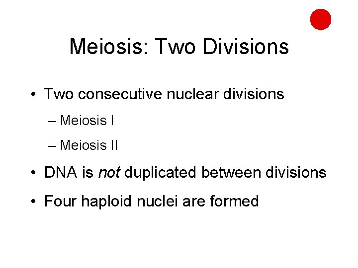 Meiosis: Two Divisions • Two consecutive nuclear divisions – Meiosis II • DNA is