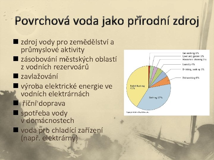 n zdroj vody pro zemědělství a průmyslové aktivity n zásobování městských oblastí z vodních